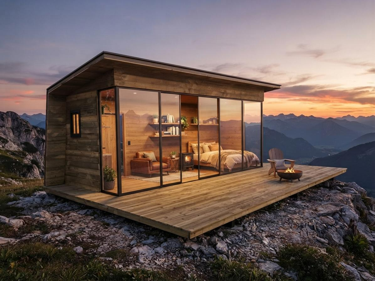 Tiny house contemporânea com fachada de vidro e deck em uma paisagem de montanha